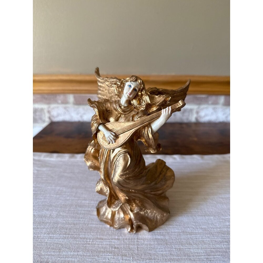 Vintage Gold Angel Figurine Playing Lute – Resin Holiday Decor, Musical Angel